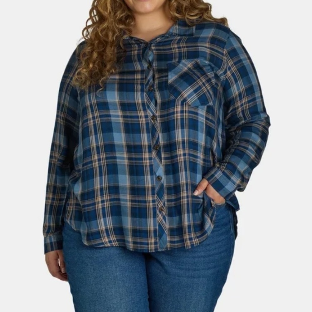 Terra & Sky Plus Blue Plaid Button-Down Shirt Viscose Women Size 3X